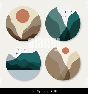 Set di varie copertine di evidenziazioni vettoriali. Sfondi astratti. Montagne e oggetti di lago Illustrazione Vettoriale
