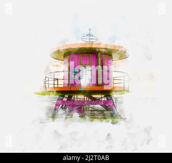 Illustrazione di pittura di acquerello della torre di bagnino in South Beach a Fort Lauderdale Florida, Stati Uniti Foto Stock