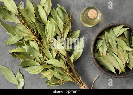 Ciotola di foglie di alloro essiccate, ramo di foglie di alloro verde, bottiglia di olio essenziale alloro naturale di alloro di baia su tavola di legno, vista dall'alto. Foto Stock