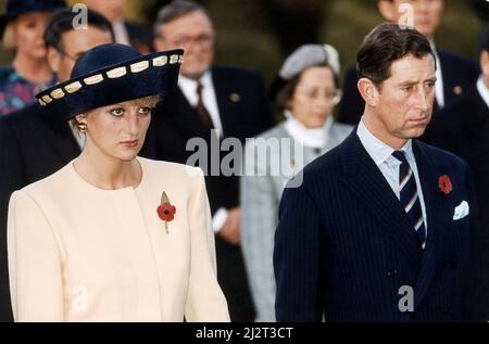 Il Principe Carlo e la Principessa Diana hanno raffigurato insieme durante una visita all'estero nella Corea del Sud. Questa foto mostra la tensione sui volti della coppia reale che stanno attraversando una crisi di matrimonio. Qui si levano in silenzio al Monumento dei soldati non identificati al cimitero nazionale dopo essere arrivati a Seoul per una visita di quattro giorni. Lunedì 2nd novembre 1992. Foto Stock