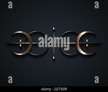 Geometria sacra, logo argento con sole, luna crescente, fase lunare esoterica alchimia, talismano celeste magica mistica. Occultismo spirituale segno oggetto Illustrazione Vettoriale