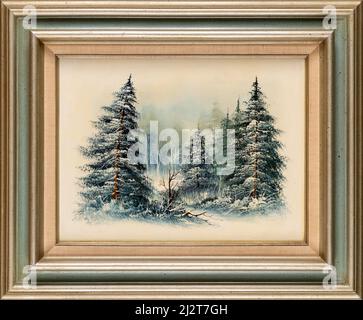 Evergreen pine trees snow covered in forest. Framed vintage winter scene oil painting. Christmas concept. Foto Stock