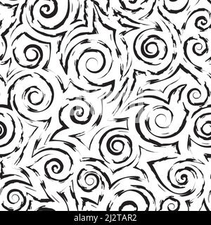 Modello di spirali e onde monocromatico vettoriale stock. Texture vettoriale uniforme di strisce fluide con bordi irregolari e irregolari. Illustrazione Vettoriale