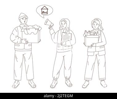 Volontari con donazioni, assistenza reinsediamento volontariato concetto. Doodle aiutare i poveri rifugiati. Carità giovani diversi, carattere altruistico attività. Delineare filantropia, gentilezza Illustrazione Vettoriale