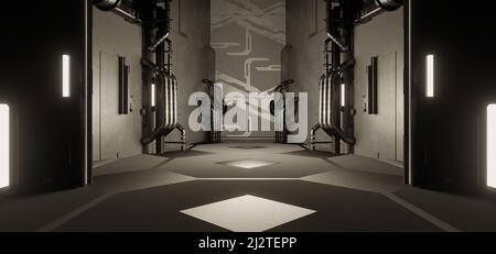 Futuristico Industrial Digital Tunnel Hangar Club Hallway Cosmic Dark Grey Colors Modern background Surreal Future Foto Stock