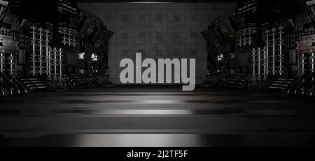 Vuoto futuristico sotterraneo corridoio Tunnel luci LED laser tagliente Argento Grigio Sci Fi sfondo futuristico architettura usata come Wallpap Foto Stock