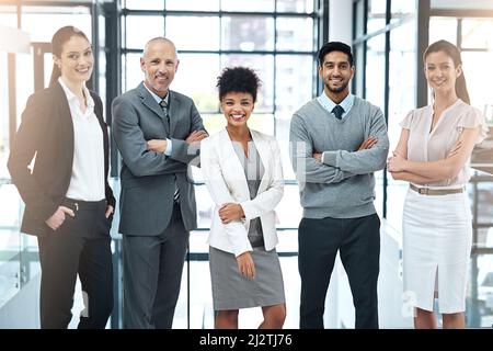Ci impegniamo a essere il team migliore dell'azienda. Ritratto di un felice gruppo di colleghi che si trovano in un ufficio moderno. Foto Stock