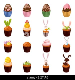 Set di dolci pasquali uova, cupcake, uccello, coniglietto, caramelle, torta, lecca-lecca, caramella. Collezione di cibi dolci, coniglio al cioccolato Illustrazione Vettoriale