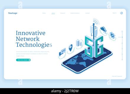 pagina di destinazione isometrica delle tecnologie di rete 5g. Innovativo servizio di telefonia mobile wireless di nuova generazione. Smartphone con mappa del mondo, io Illustrazione Vettoriale