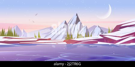 Paesaggio invernale con lago ghiacciato e montagne al mattino presto. Illustrazione vettoriale di cartoni animati della scena naturale settentrionale con alberi di conifere, ghiaccio sul fiume, rocce innevate, luna e stelle nel cielo Illustrazione Vettoriale