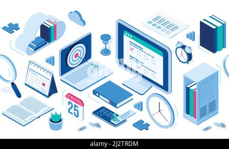 Icone isometriche nube con libri, computer e smartphone, forniture per ufficio, sveglia e calendario tabella, cartella con file, clip. Ele infografiche Illustrazione Vettoriale