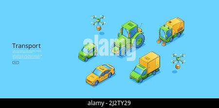 Trasporto banner web isometrico, trattore, quadricottero, taxi, auto, furgoni e veicoli per pulizia stradale. Trasporto diverso, vendita o esposizione di automobili e veicoli, concetto di arte di linea vettoriale 3D Illustrazione Vettoriale