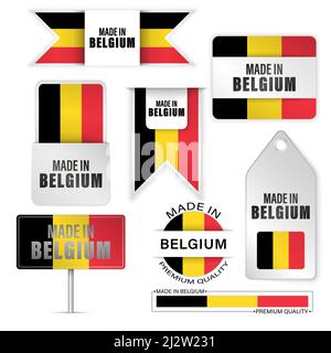 Set di grafici ed etichette Made in Belgium. Alcuni elementi di impatto per l'uso che si desidera fare di esso. Illustrazione Vettoriale
