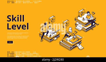 Pagina di destinazione isometrica del livello di specialità. Concetto di educazione professionale e conoscenza con minuscoli personaggi seduti su enormi mucchi di libri utilizzando gadget per rea Illustrazione Vettoriale