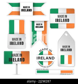 Set di etichette e grafica Made in Ireland. Alcuni elementi di impatto per l'uso che si desidera fare di esso. Illustrazione Vettoriale