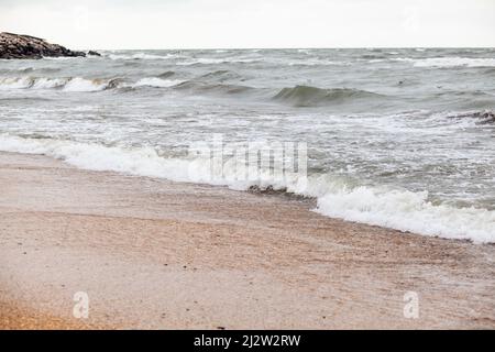 Onde enormi che infuriano in mare e gabbiani nello spruzzo di onde. Tempesta in mare. Gli uccelli volano sulle onde. Natura, ambiente, condizioni meteorologiche avverse, pericolo Foto Stock