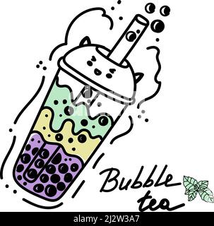 Tazza dolce di Bubble. Tè al latte con perle di tapioca. Bob's Tea. Asian taiwanese drink. Illustrazione vettoriale della moda a colori disegnata. Stile cartoon. Desi piatti Illustrazione Vettoriale