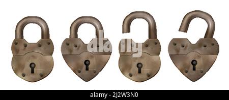 Vecchi lucchetti in metallo isolati su sfondo bianco. Simbolo di sicurezza, privacy e sicurezza. Insieme vettoriale realistico di blocchi arrugginiti aperti e chiusi nel cuore Illustrazione Vettoriale