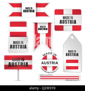 Set di etichette e grafica Made in Austria. Alcuni elementi di impatto per l'uso che si desidera fare di esso. Illustrazione Vettoriale