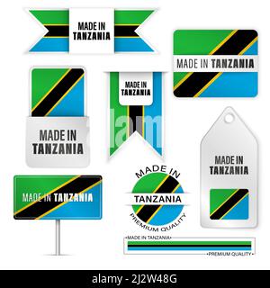 Set di etichette e grafica realizzati in Tanzania. Alcuni elementi di impatto per l'uso che si desidera fare di esso. Illustrazione Vettoriale