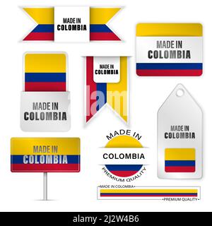 Prodotto in Colombia grafica ed etichette set. Alcuni elementi di impatto per l'uso che si desidera fare di esso. Illustrazione Vettoriale