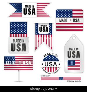 Set di etichette e grafica Made in USA. Alcuni elementi di impatto per l'uso che si desidera fare di esso. Illustrazione Vettoriale