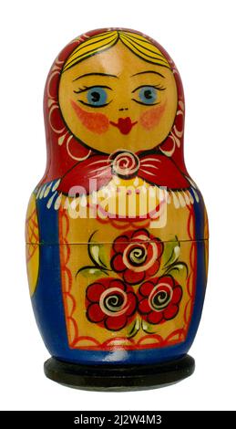 Matryoshka bambola prodotta per turismo e scopi promozionali in Russia. L'unica bambola di matryoshka. Bambola souvenir locale della cultura russa. Foto Stock