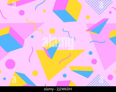 3d e 2d forme geometriche motivo senza giunture in stile 80s. Elementi in stile Memphis dalle forme geometriche e dai colori vivaci. Design per il prodotto promozionale Illustrazione Vettoriale