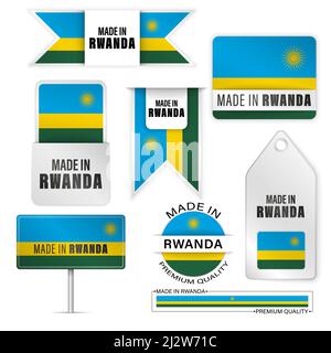Realizzato in Rwanda grafica ed etichette set. Alcuni elementi di impatto per l'uso che si desidera fare di esso. Illustrazione Vettoriale