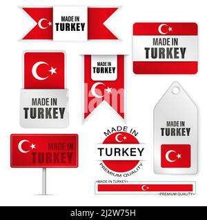 Set di etichette e grafici realizzati in Turchia. Alcuni elementi di impatto per l'uso che si desidera fare di esso. Illustrazione Vettoriale