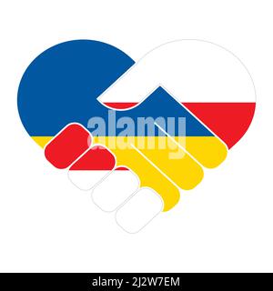 Simbolo della stretta di mano nei colori delle bandiere nazionali di Bielorussia e Ucraina, che forma un cuore. Illustrazione Vettoriale