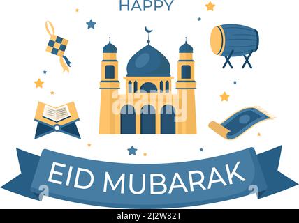 Happy Eid ul-Fitr Mubarak Cartoon background Illustration with Pictures of Mosques, Ketupat, Bedug, and Others suitable for Posters Illustrazione Vettoriale