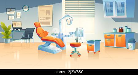 Armadietto dentista, sala stomatologica in clinica o ospedale. Cartoon vettoriale interno di studio dentistico vuoto con tavolo medico e sedia con lampada e utensile Illustrazione Vettoriale