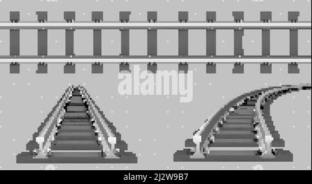 Binario del treno, ferrovia dritta e in curva in alto e vista prospettica. Vettore realistico set di linea del tram, strada per locomotiva e vagoni con rotaie, veloce Illustrazione Vettoriale