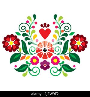 Design vettoriale arte folcloristica con fiori, foglie e cuore, stile tradizionale ricameria messicano perfetto per biglietto d'auguri o motivo di invito al matrimonio Illustrazione Vettoriale