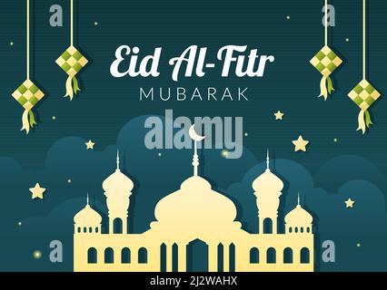 Happy Eid ul-Fitr Mubarak background Illustration with Pictures of Mosques, Moon, Antennas and Others suitable for Posters Illustrazione Vettoriale