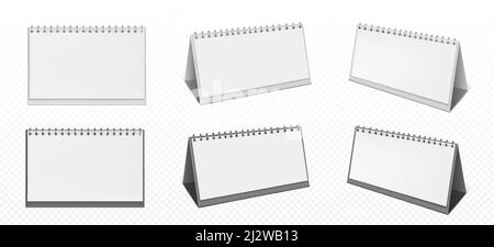 Calendario desktop con spirale e pagine vuote isolate su sfondo trasparente. Vettore realistico mockup di carta bianca calandra, Office planner o no Illustrazione Vettoriale