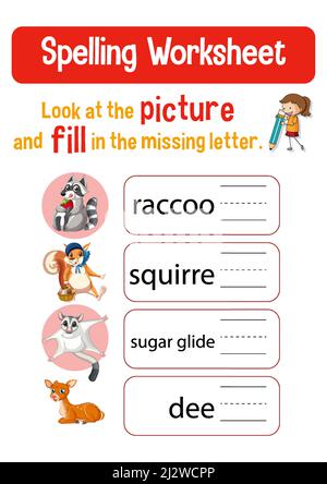 Disegno del foglio di lavoro per l'illustrazione di parole di ortografia Illustrazione Vettoriale