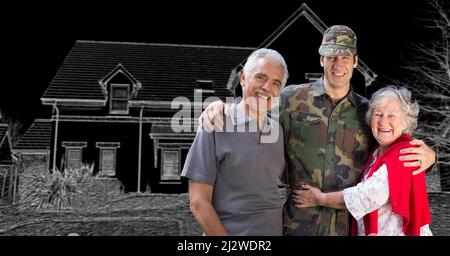 Composizione del soldato maschile sorridente con i genitori e la casa in background Foto Stock