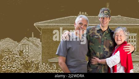 Composizione del soldato maschile sorridente con i genitori e la casa in background Foto Stock