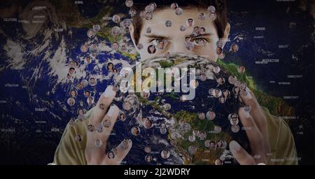 Composizione della rete di collegamenti con le fotografie delle persone su uomo che detiene il globo Foto Stock