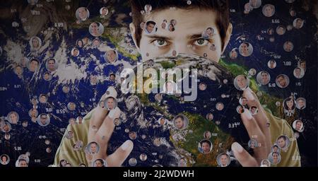 Composizione della rete di collegamenti con le fotografie delle persone su uomo che detiene il globo Foto Stock