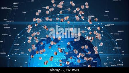 Composizione di una rete di collegamenti con testi e fotografie di persone in tutto il mondo Foto Stock