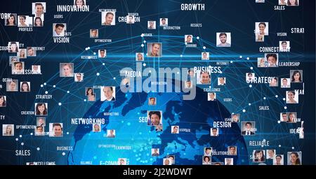 Composizione di una rete di collegamenti con testi e fotografie di persone in tutto il mondo Foto Stock