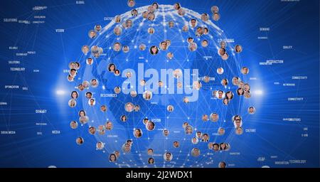 Composizione di una rete di collegamenti con testi e fotografie di persone in tutto il mondo Foto Stock