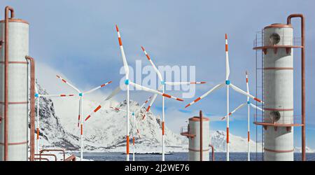 Immagine simbolica della nuova tecnologia rispetto alla vecchia tecnologia. Una moderna turbina eolica con stoccaggio di batterie nella natura selvaggia, illustrazione 3D Foto Stock