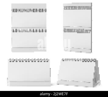 Calendari da tavolo e da parete con spirale e pagine vuote isolate su sfondo bianco. Vettore realistico mockup di carta bianca calandra, Office planner o Illustrazione Vettoriale