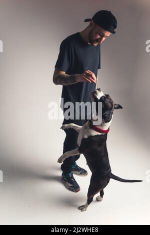 Concetto di addestramento del cane. Studio verticale girato di un ragazzo caucasico di mezza età allenarsi con il suo grande cane bianco e nero. Foto di alta qualità Foto Stock