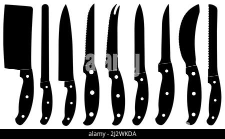 Diversi coltelli da cucina silhouette isolato su bianco Foto Stock