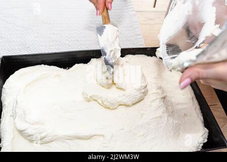 Una donna versa la cagliata mista e la panna montata in una torta di cacao al forno in una teglia da forno Foto Stock